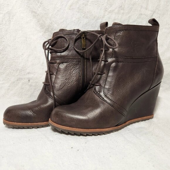 Biala 37M Brown Leather Wedge Ankle Boots Cuir Upper Lace Zip Never Worn - Picture 1 of 8